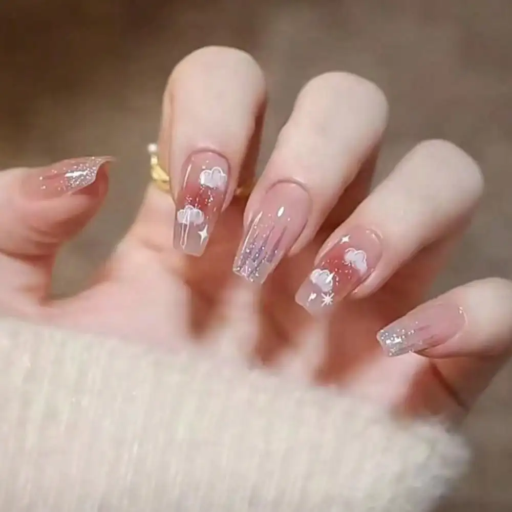 

Wearable Nail Stickers Ballet Nails Sparkly Cloud Design Press On False Nails