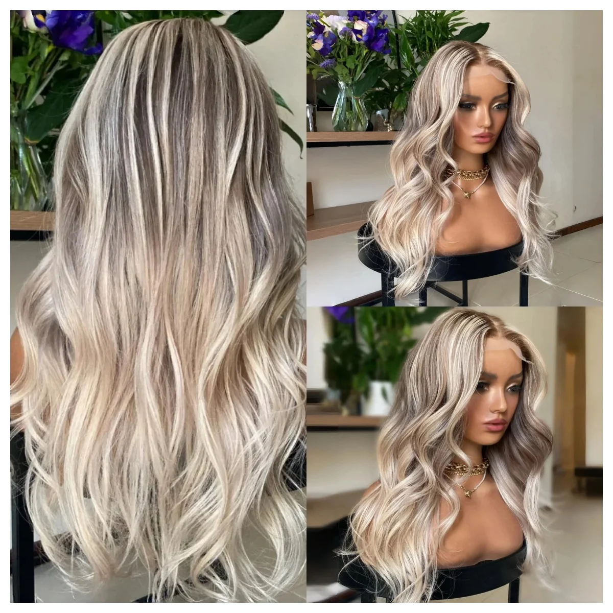 

Ash Blonde Synthetic Lace Front Wig Platinum Highlights Long Body Wave Dark Roots Ombre for Women Daily Party Cosplay Hair