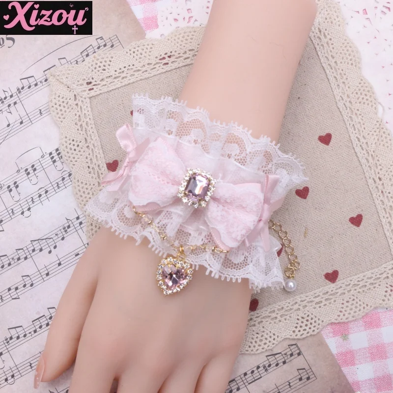 

Japanese handmade sweet cute lace bow chain rhinestone love pendant soft girl bracelet hand sleeve women lolita accessories