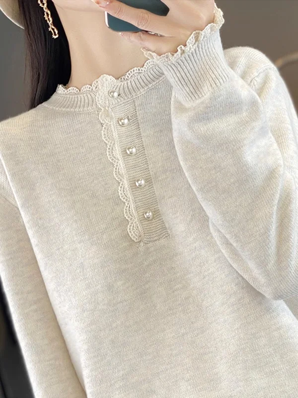 

Lace Collar Knitted Base irt Women's Inner Wear Trendy Sweater Spring Autumn Soft Korean Sle Commute Scenarios Long Sve