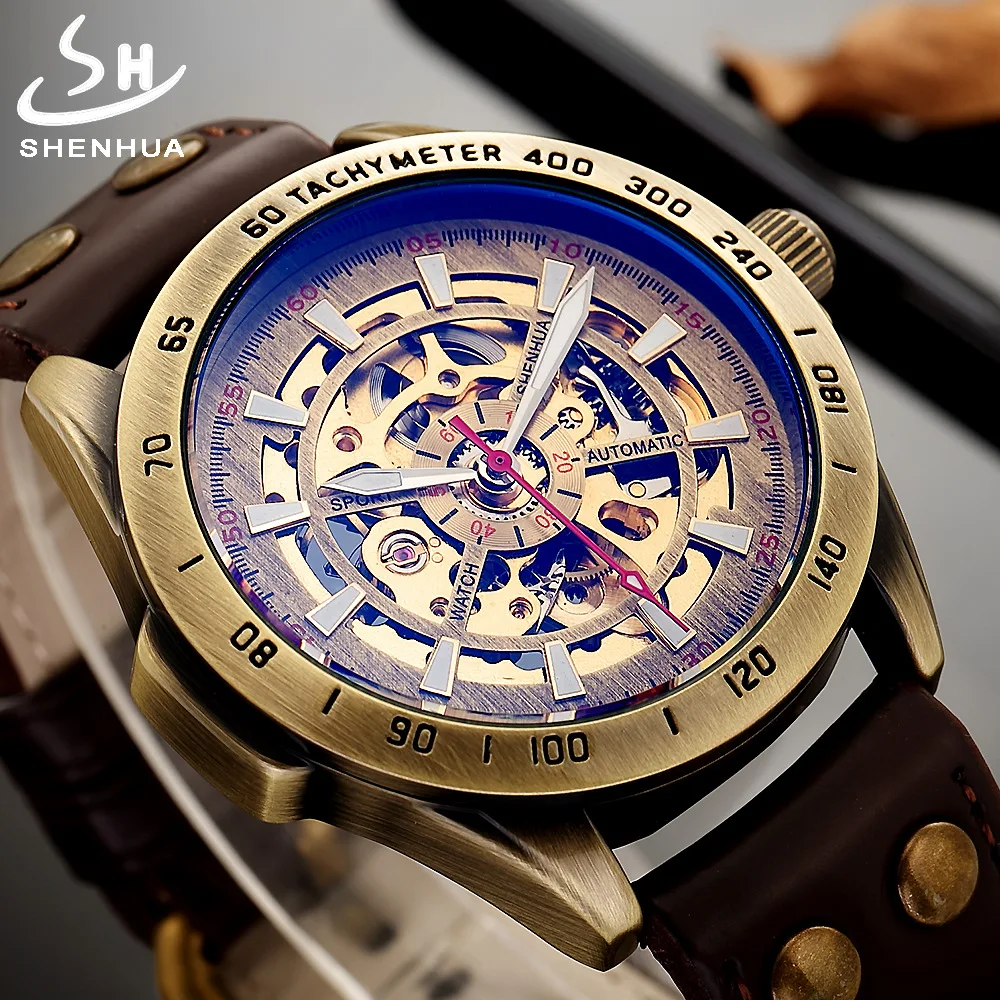 SHENHUA Classic Men Watch Automatic Mechanical Skeleton Clock Antique Bronze Design Sport Watch