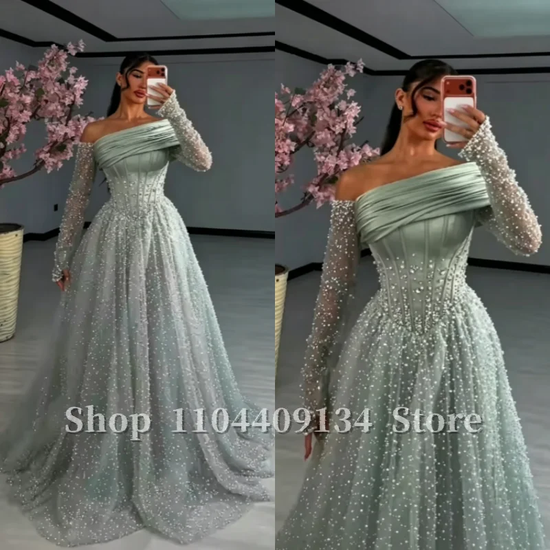 Salbeigrünes schulterfreies Abendkleid mit Perlenverzierung, langen transparenten Ärmeln, Korsett-Oberteil, A-Linien-Abschlussballkleid, maßgeschneiderte Vestidos De Fies