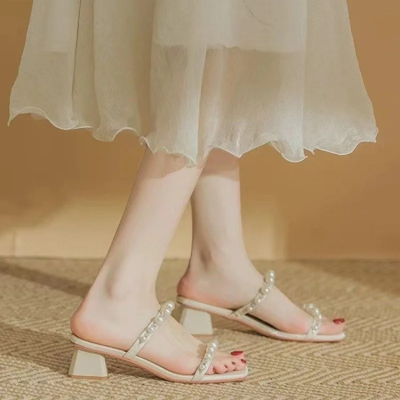 2024 Summer New Fashion Open Toe Solid Color Sexy Pearl Square Heel Wearing Women's Slippers and High Heels for Women