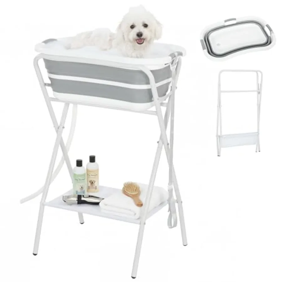 

2 in 1 Dog Bath Tub for Indoor and Outdoor Use, Heavy-Duty PVC Material, Gray, Elevated Collapsible Design for Easy Bathing and
