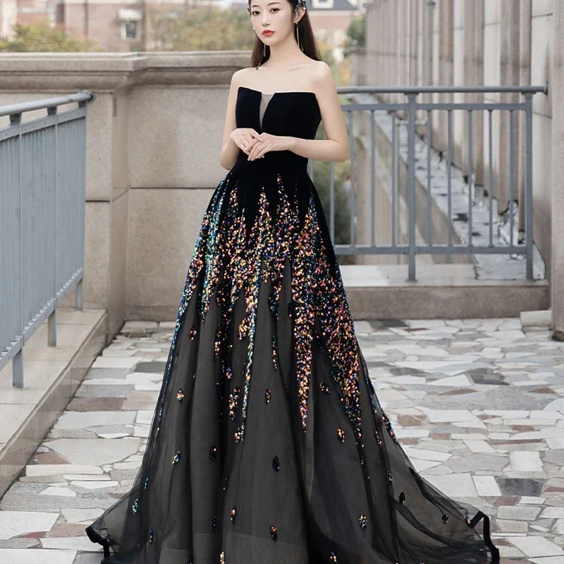 Customized  Luxury Black Evening Dress for Women Strapless A-line Sequins Beading Sparkling Formal Party Gowns Vestidos De Noche