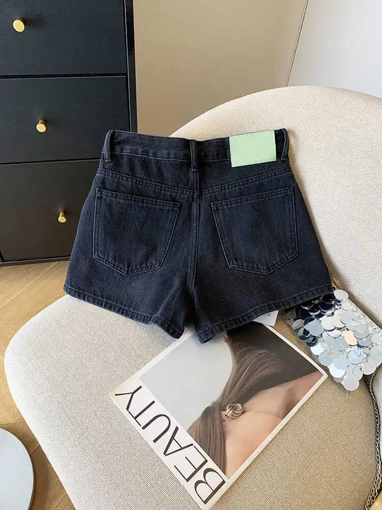 

High Waist A-Line Denim Shorts Women's Loose Slimming Casual Hot Pants Summer Black Grey High Quality from Nan You