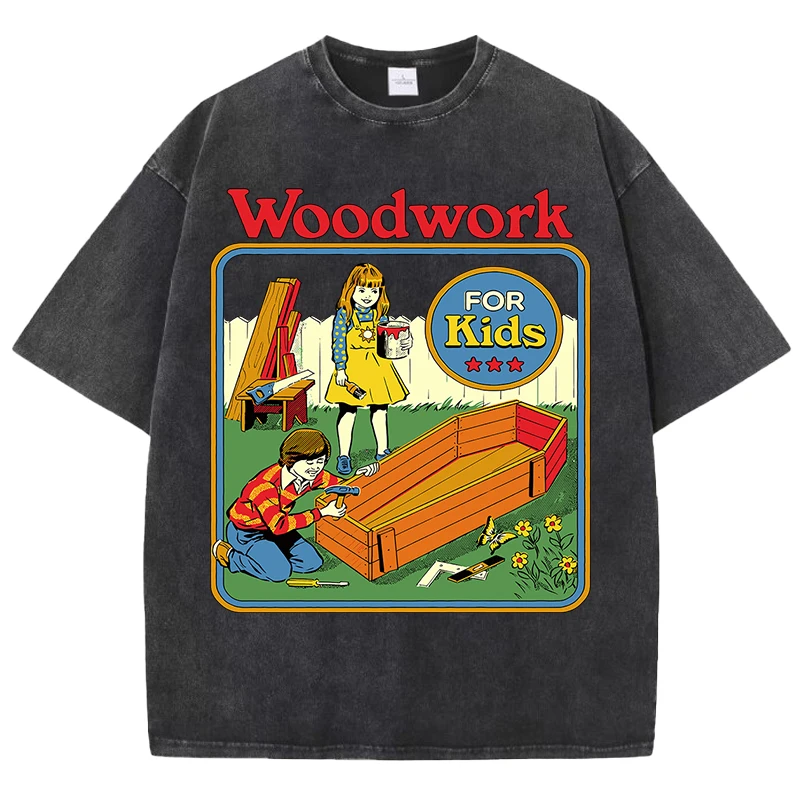 Woodwork For Kids Print Washed Women T-Shirt Unisex Casual T Shirts Sport Hip Hop Cotton Streetwear  Breathable Short Sleeve