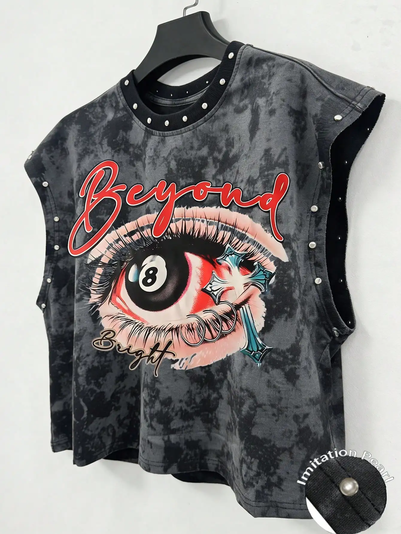 Men’s Dark Tie-Dye Cropped V-Neck Top with Eye, No. 8 Ball and Cross Print, Imitation Pearl Embellishments – Y2K Sleeveless Top