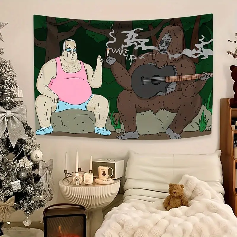 VIKAMA Funny Cartoon Bigfoot Guitar Forest Tapestry Indie Humor Wall Hanging Bedroom Dorm Aesthetic Meme Poster Decor
