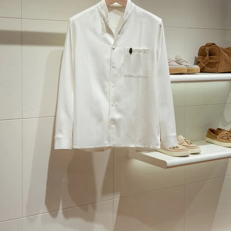 Men's high-end casual long sleeved shirt with herringbone pattern Tencel linen cotton blend and old money