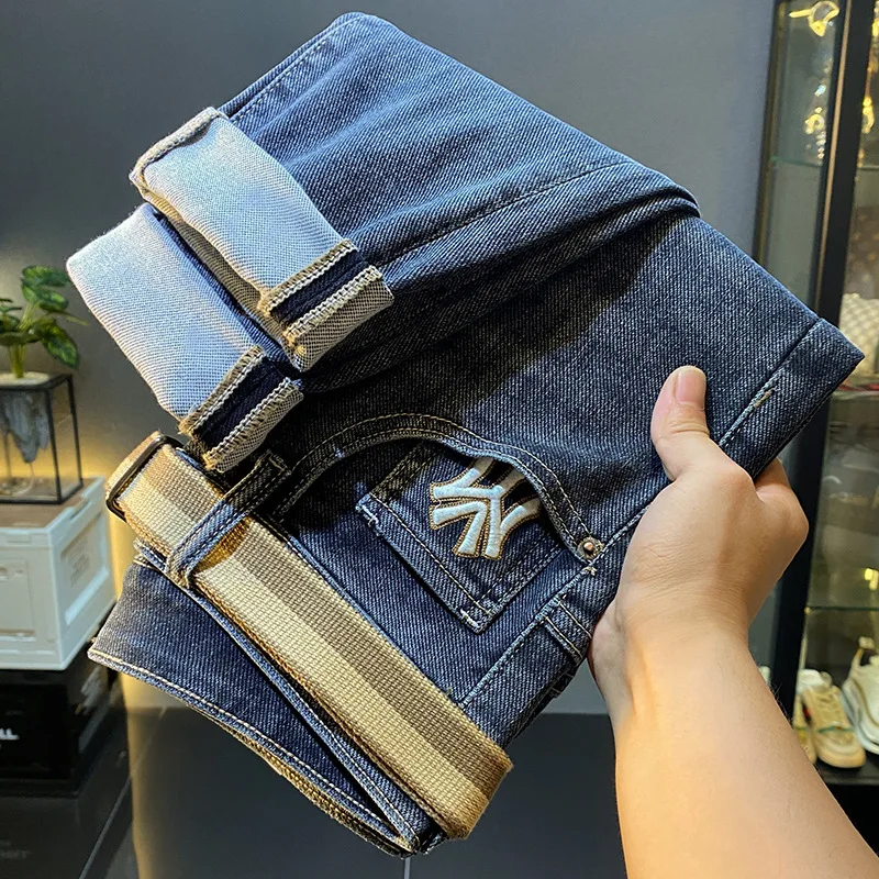 Hoge Kwaliteit Lichte Luxe Jeans Heren Mode Borduurwerk Micro Losse Elastische Nauwsluitende Enkel Gebonden Casual 2024 Nieuwe Lange Broek