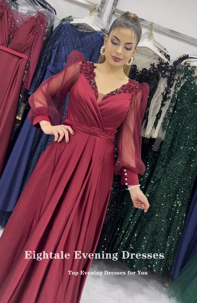 Eightale Burgundy Evening Dresses V-Neck Appliques Beaded Customized Satin Long Sleeves Arabic Party Prom Gown Vestidos De Noche