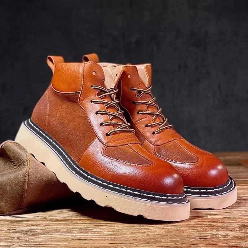 

New Men Boots Vintage Genuine Leather Lace Up High Top Shoes Male Casual Outdoor Thick Sole Work Motorcycle Ankle Boots