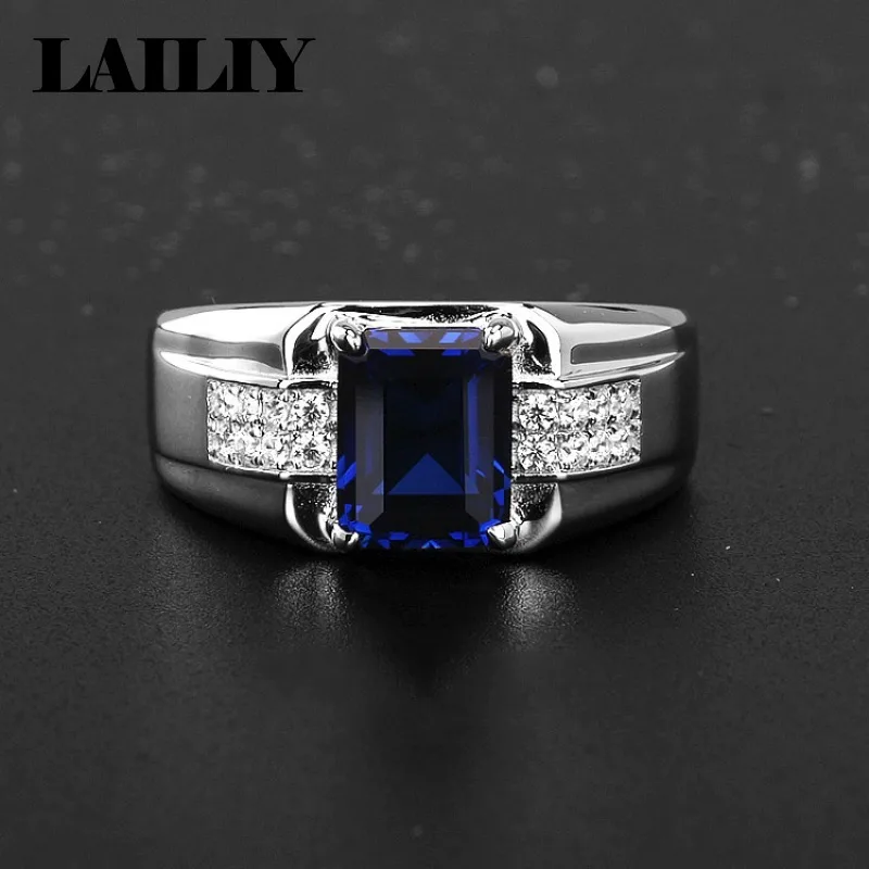 LAILIY925 Sterling Silver Birthday Gift Party Diamond-set Simple Business Sapphire Adjustable Ring for Men Fashion Jewelry