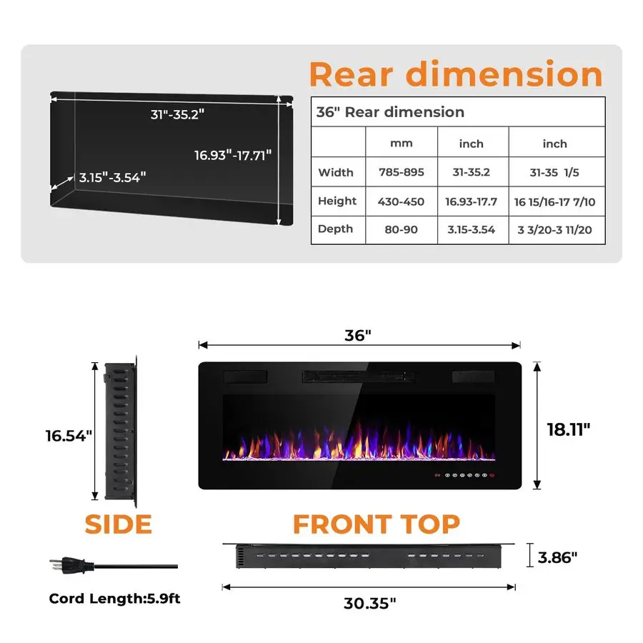 مدفأة كهربائية مقاس 36 بوصة مثبتة على الحائط ومثبتة على الحائط، ومدفأة مدفأة ومدفأة خطية مع لهب متعدد الألوان، ومؤقت،