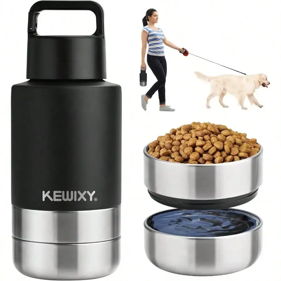 

Insulated Dog Travel Water Bottle With Detachable Bowls, 3 In 1 Portable Dog Water Bottle Dispenser, Dog Accessories For Walking, Hiking, Camping, Outdoor (Black, 32 Oz)