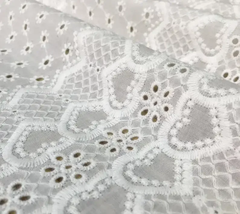 Vintage Cotton Embroidery Lace Fabric With Heart Shape and Eyelet Floral By The Yard 53" Wide view 3
