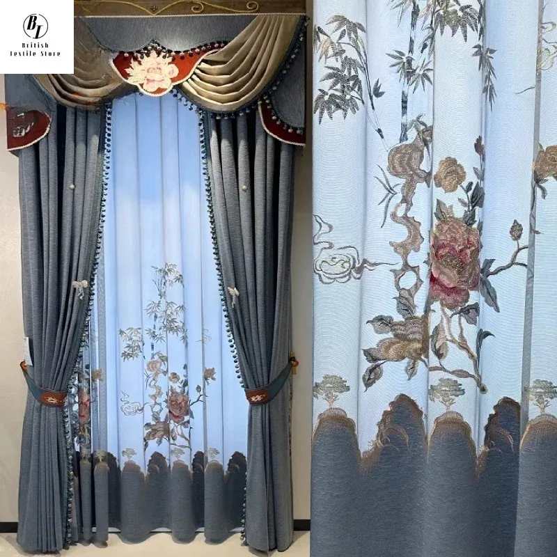 

Custom Size！！European Embroidered Window Screen Blue Gray Jacquard Thickened Blackout Curtains for Living Dining Room Bedroom