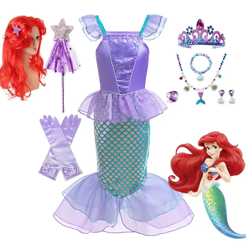 Vestido de fiesta de sirena de verano de Disney, disfraz de princesa Ariel, disfraz de juego de rol, ropa de Carnaval 2025, disfraz de sirena para niña de 2 a 10 años