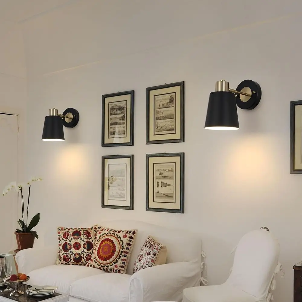 Set of 2 Battery-Powered Black & Gold Modern Wall Sconces with Remote, Dimmable LED Lighting for Indoor Rooms, Bulb Included