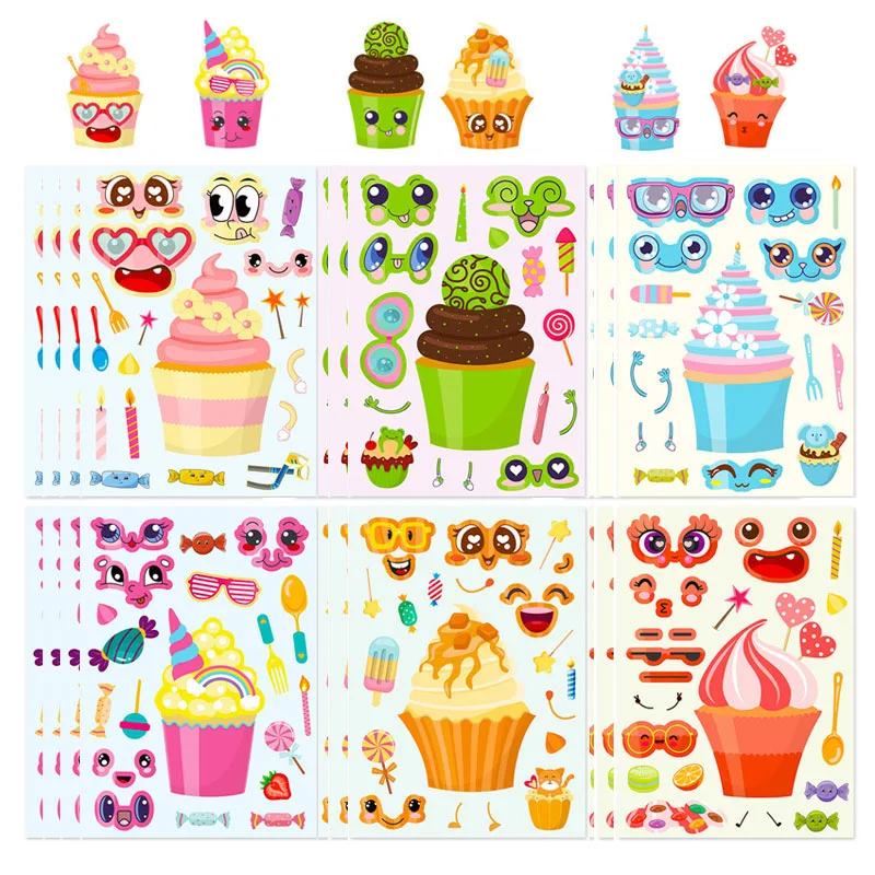 

Make A Cupcake Face Stickers Sheets Children Birthday Party Cake Decorating Decals Kids DIY Puzzle Sticker Toys For Boys Girls