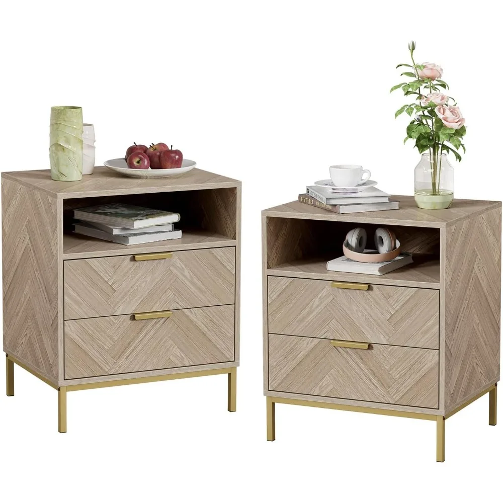

Nightstand Set of 2, Morden Night Stand with 2 Drawers, End Tables with Storage, Bedside Tables for Bedroom, Sofa, Natural Oak