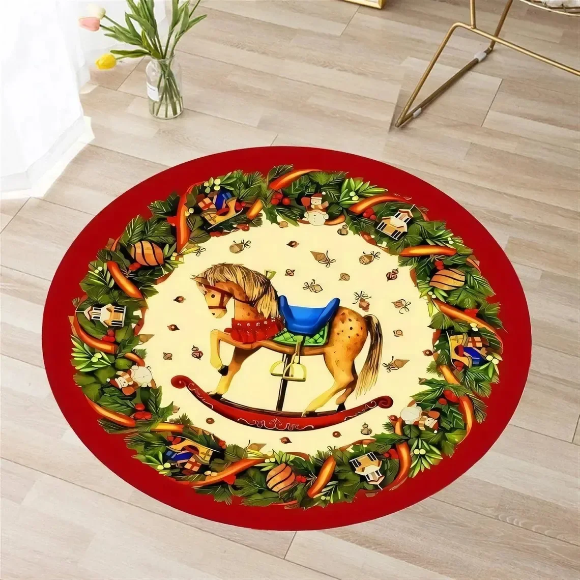 

Winter Forest Reindeer Round Rug – Snowy Scene Holiday Carpet for Living Room & Bedroom Festive Floor Decor