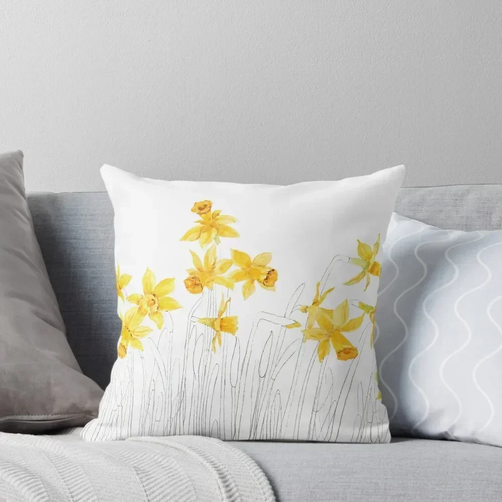 

yellow daffodils field watercolor and pencil Throw Pillow Room decorating items Christmas Pillowcase pillow