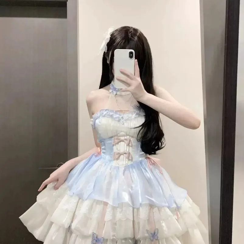 اليابانية Kawaii القوس الدانتيل لوليتا المرأة الحلو لطيف نفخة الأكمام ضئيلة الوردي فساتين صغيرة الإناث Pretty2025 جديد فستان الأميرة الجنية