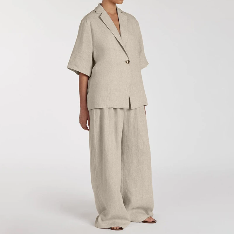 

Spring Linen Loose Casual Suit Women Single Button Half Sleeved Lapel Coat+high Waist Wide-leg Pants Autumn Female Two-piece Set