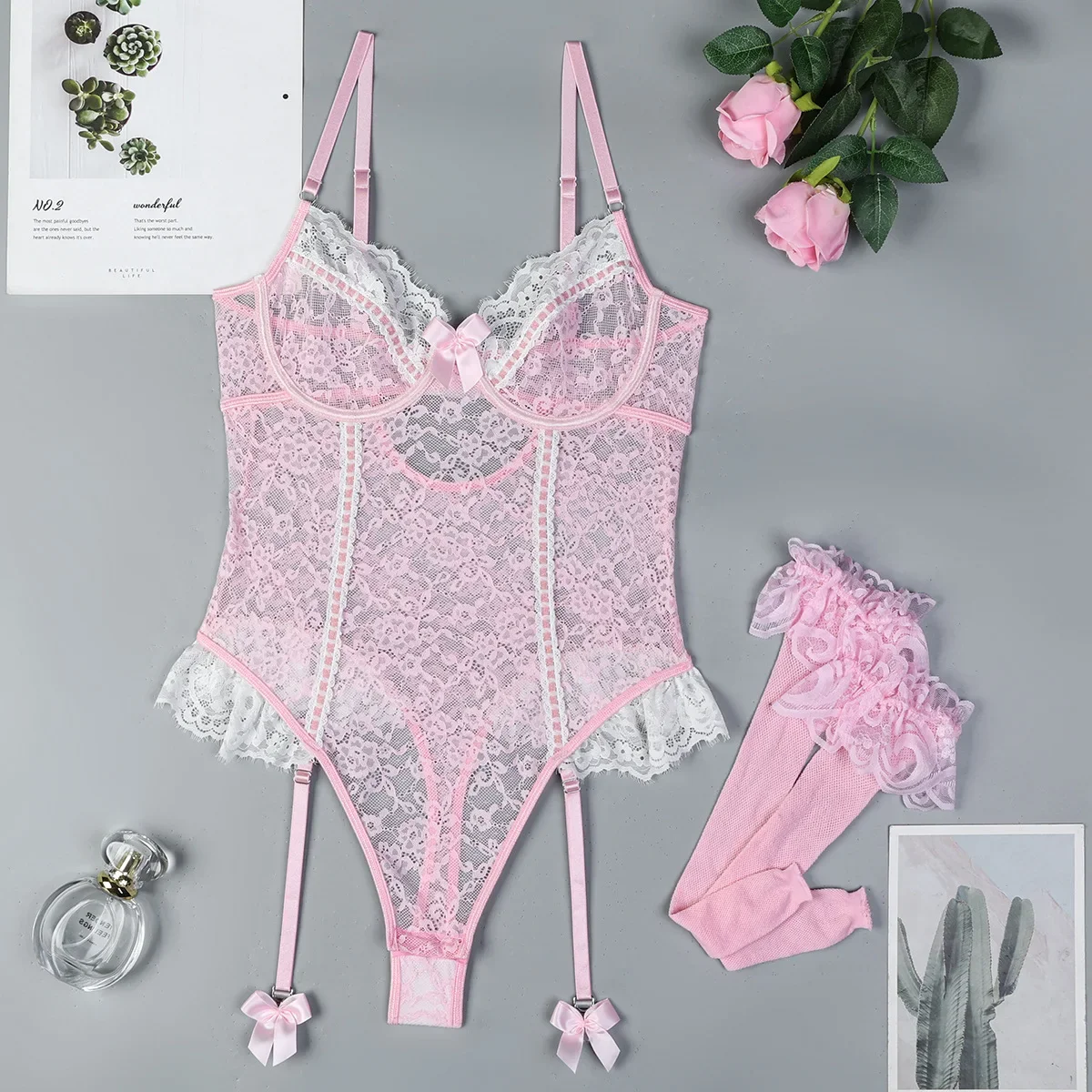 

Women Exotic Set Sexy Lace Bodysuit See Through Mesh Romper Flower Embroidery Underwear Ladies Exotic Apparel
