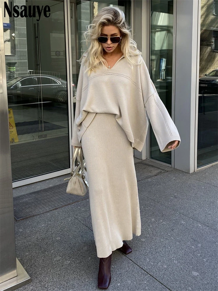 Nsauye 2024 Winter Women Y2K Pullovers Casual Long Sleeve Sweater Tops Knitted Maxi Wrap Fashion Party Club Skirt Two Piece Set