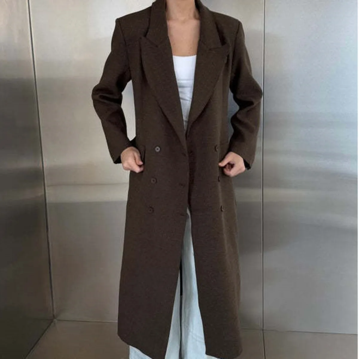 

VTKW Women's Spring 2025 Trendy Beige Double-Breasted Long Blazer Coat Ladies Elegant Lapel Long Sleeve Outerwear Fashion