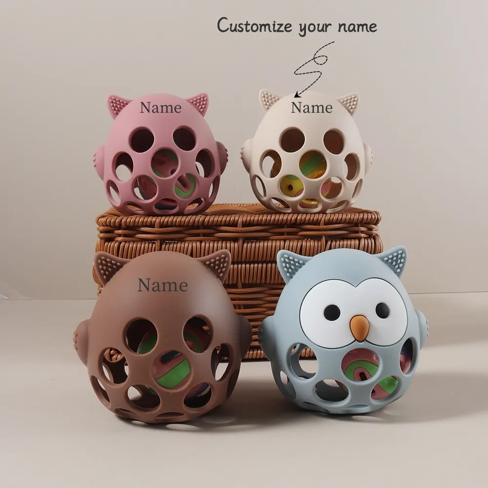 Personalized baby teether custom name silicone rattle toy cute owl with bell teething toy