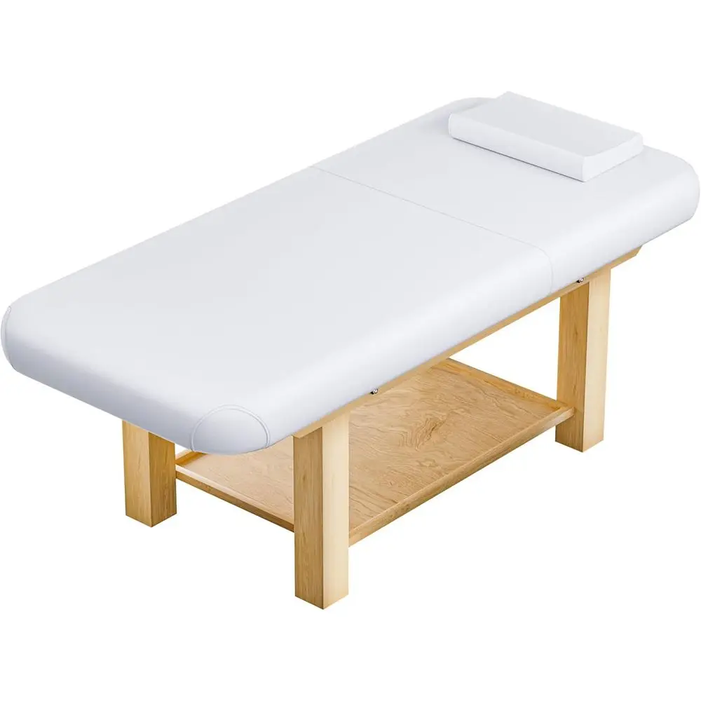 

White 28 Adjustable Massage Table with Wooden Base, 1500lbs Capacity, Ideal for Spa and Home Therapy