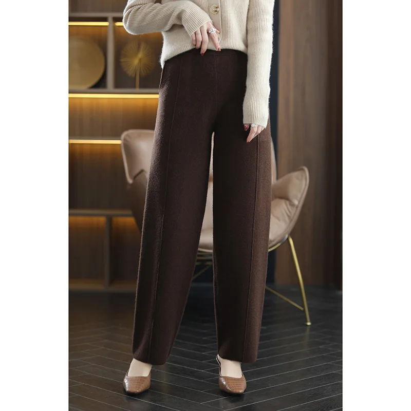 2022 Spring Autumn New 100% Pure Wool Cashmere Pants Women\'s High Waist Straight Pants Loose Casual All-match Knitted Trousers