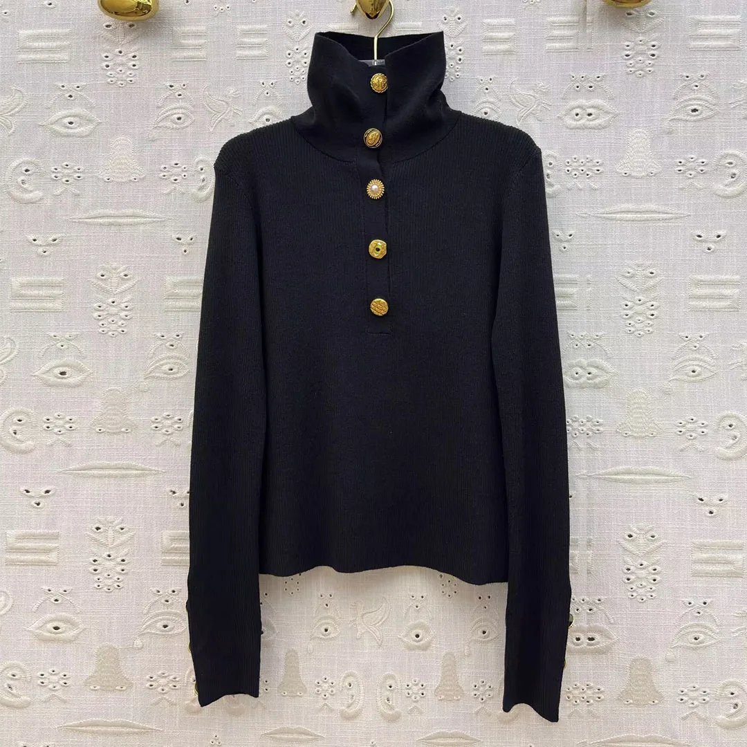 

New Autumn Fashion Vintage Big Gold Button Decoration Turtleneck Sweater Women Long Sleeve Slim Basic All-matched Knitted Jumper