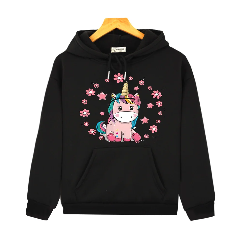 Unicorn Horse Cartoon Print Hoodies Boys and Girls Kawaii Graphic Sweatshirts Casual Long Sleeve Children Pullovers with Pocket