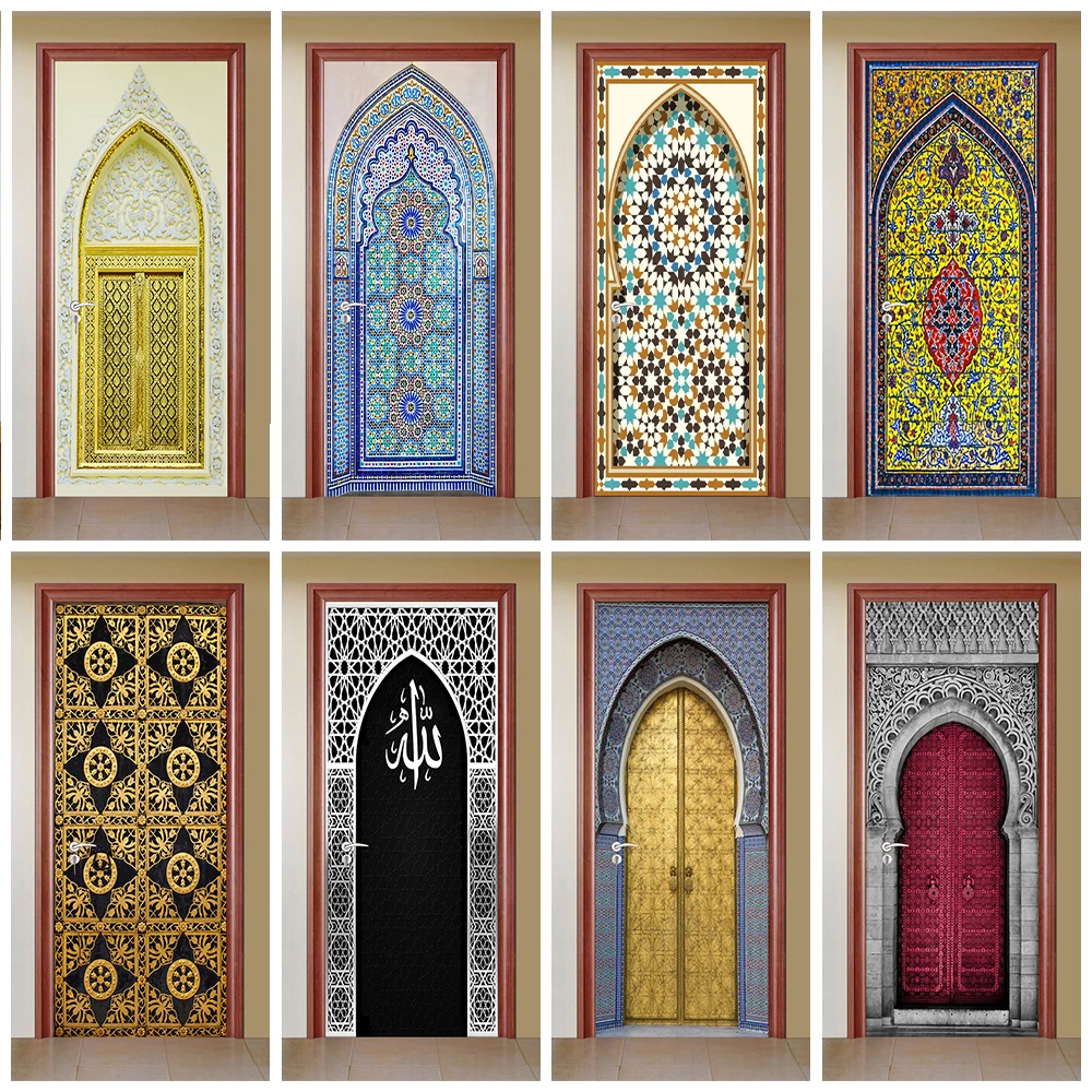 

Geometric Traditional Islamic Ornament Door Sticker Wallpaper 3D Removable Moroccan Tiles Wall Art Riad Door Wrapping Cover