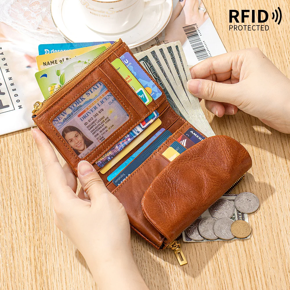 

Cow Leather Wallet for Women, Multi-Slot Card Holder with RFID Protection, ID Window, Zipper Coin Purse, Trifold Cowhide Wallets