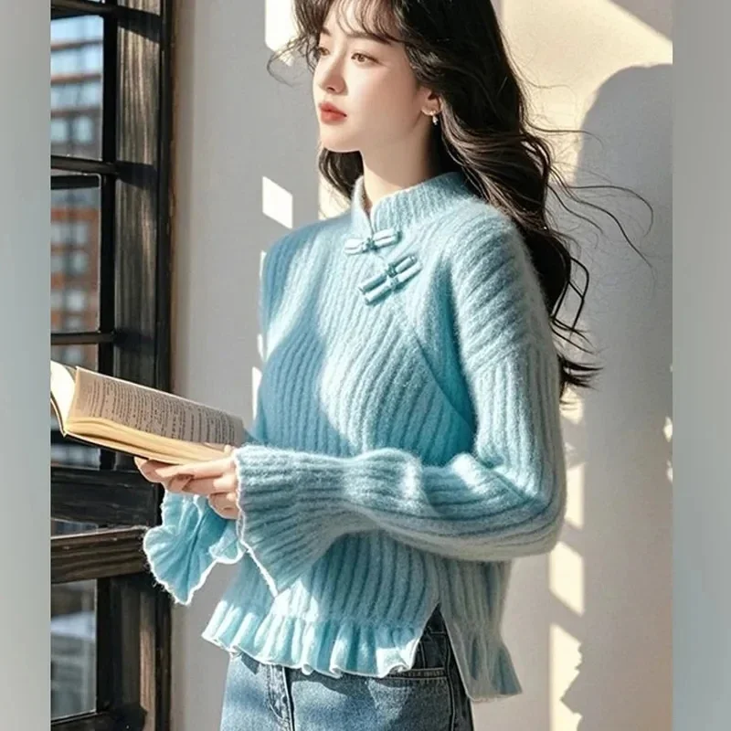 

Elegant Pink Stand Collar Sweater With Ruffle Hem And Button Closure For Women Casual Autumn Winter Wear Chinese Style Design