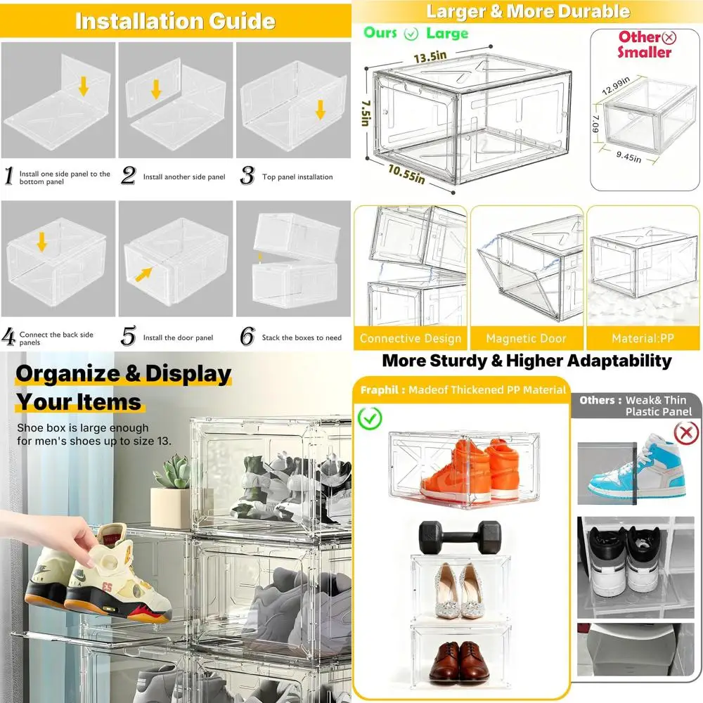 

Большие прозрачные штабелируемые коробки для обуви с магнитной передней дверцей для размеров США 13+, прочные пластиковые контейнеры для хранения кроссовок