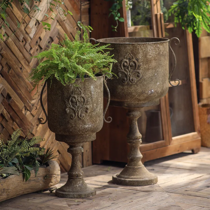 

Rustic Iron Floor Vase, Trophy Cup Shape with Double Handles,Vintage Tall Metal Flower Pot, Large, Antique Decorative Planter