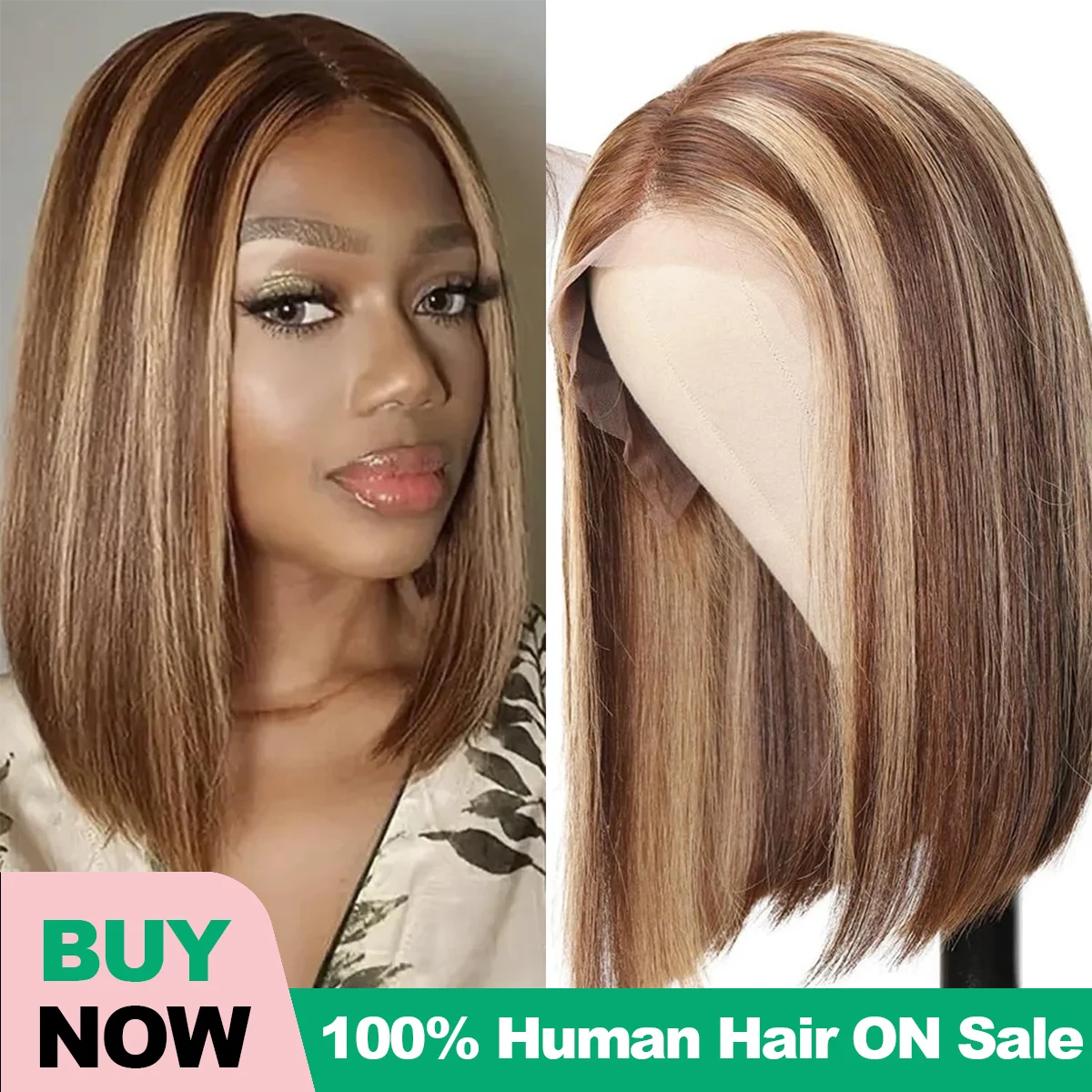 

100% Human Hair Glueles Straight Short Bob Wigs Highlight4/27 Brazilian Remy Human Hair 13x4Frontal Lace Wig for Women Daily Use