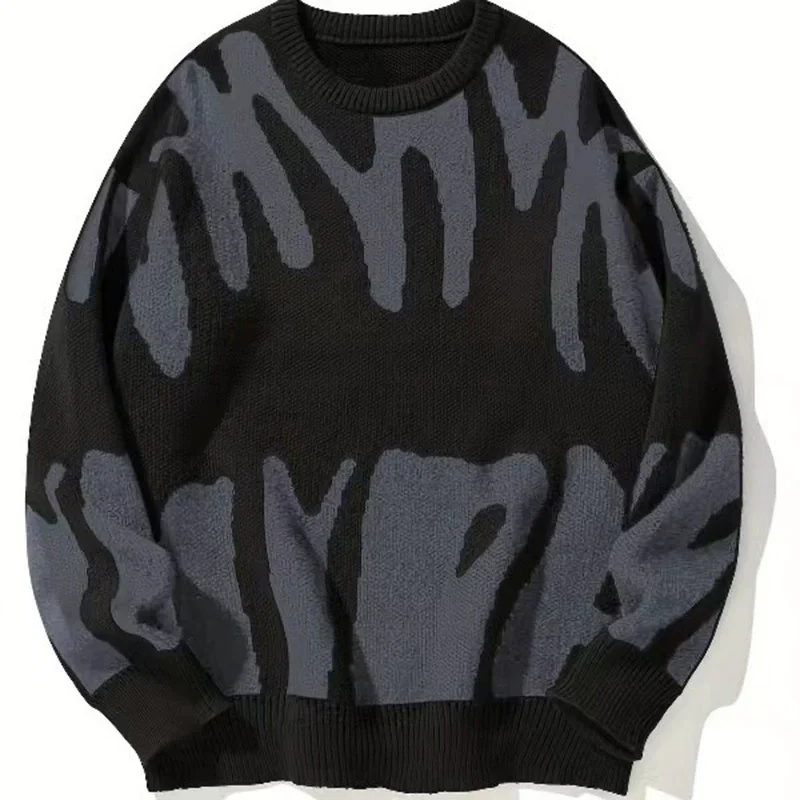 

Fashion Spring Autumn Winter Irregular Jacquard Pattern Pullover Sweater Casual Round Neck Contrast Color Knitted Men's Pullover
