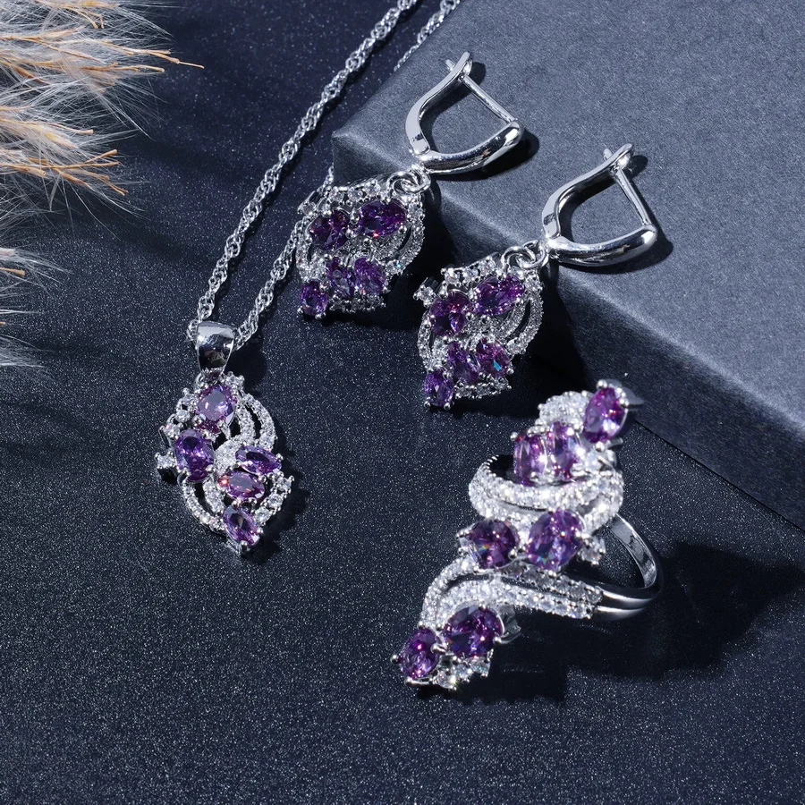 Elegant Purple Zircon Jewelry Set For Women - Includes Bracelet, Earrings, Necklace &Ring  Perfect For Daily Wear & Gifting