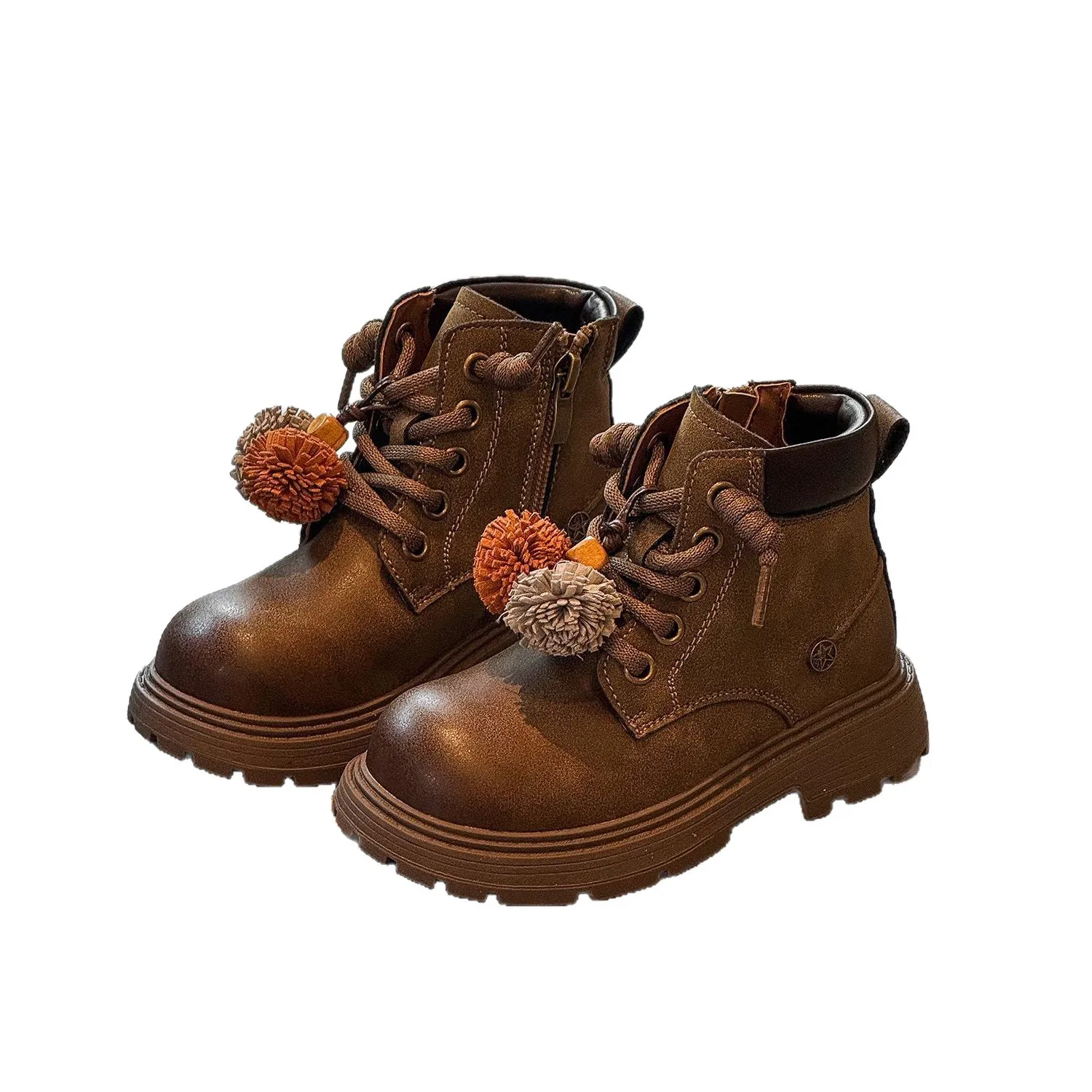 

Детские модные короткие сапоги с потертостями для мальчиков и девочек, новые осенние детские маленькие желтые сапоги с подвеской в стиле ретро для малышей