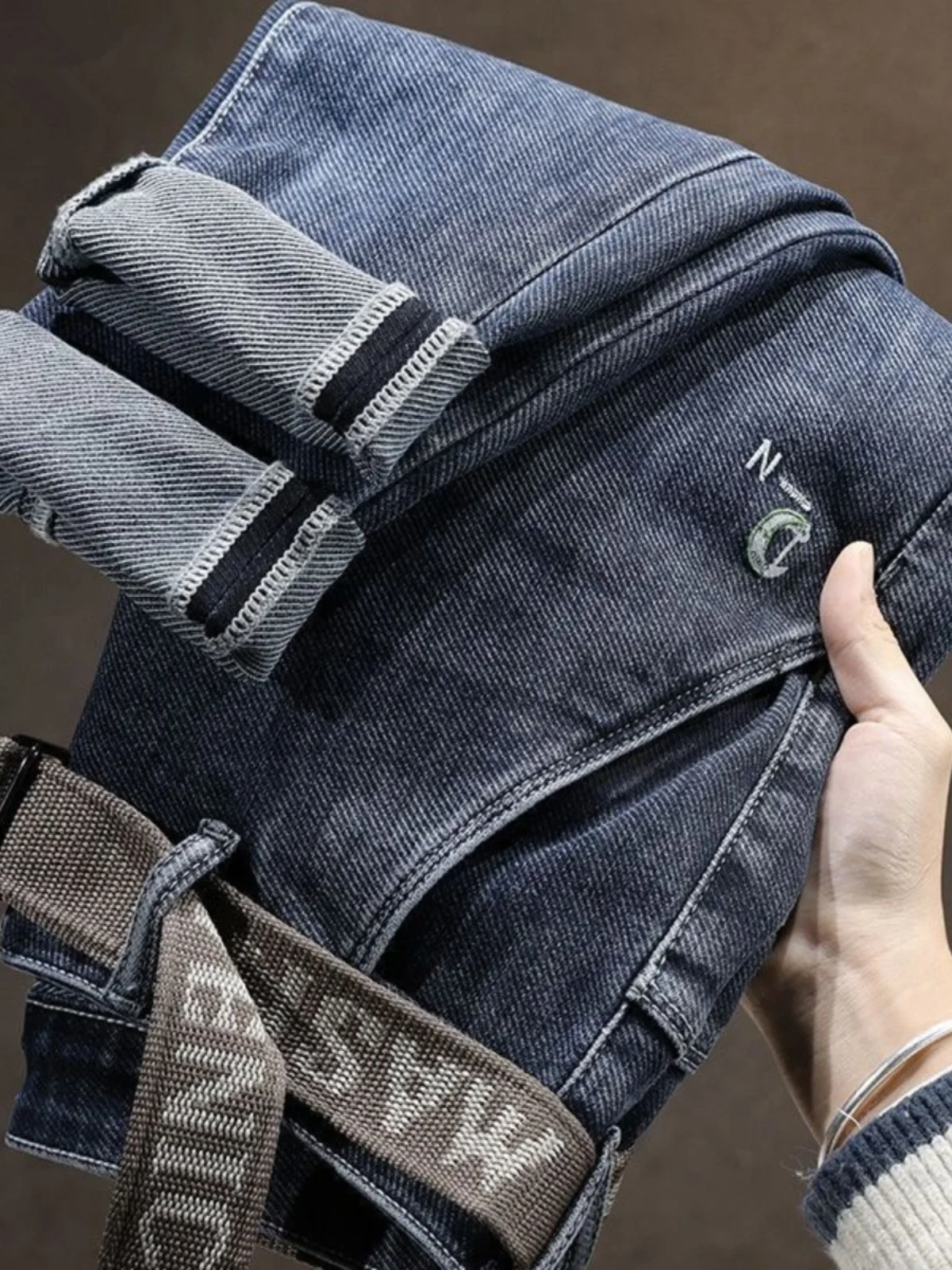 

Elegant Embroidered Slim Fit Jeans for Men Autumn Winter Style Elastic Straight Leg Casual Long Trousers Korean Fashion Brand