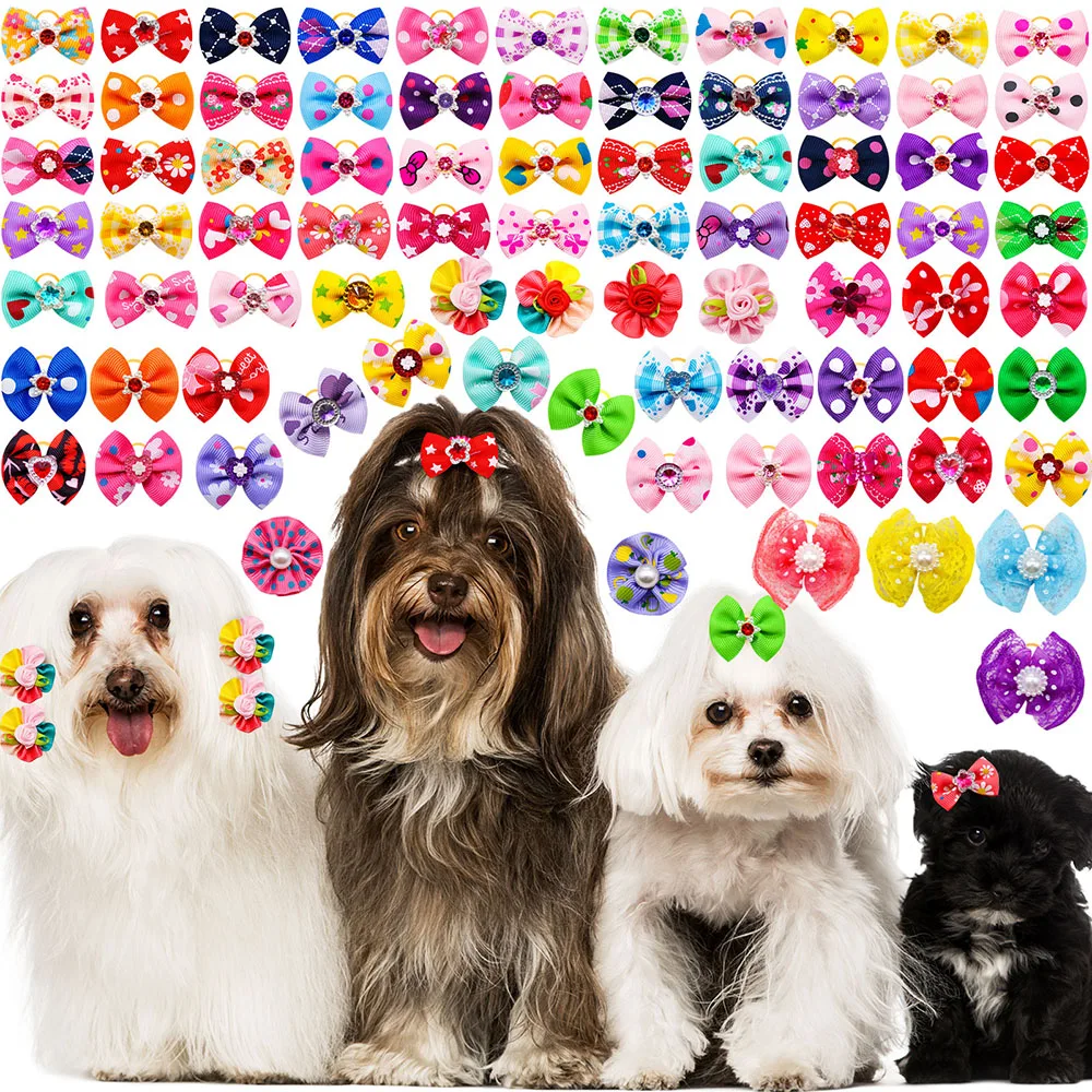 30 stücke Hunde haars chleifen Gummibänder kleiner Hund Katzen bögen hand gefertigt für Hunde Haustiere Haarschmuck Hunde pflege für kleine Hunde