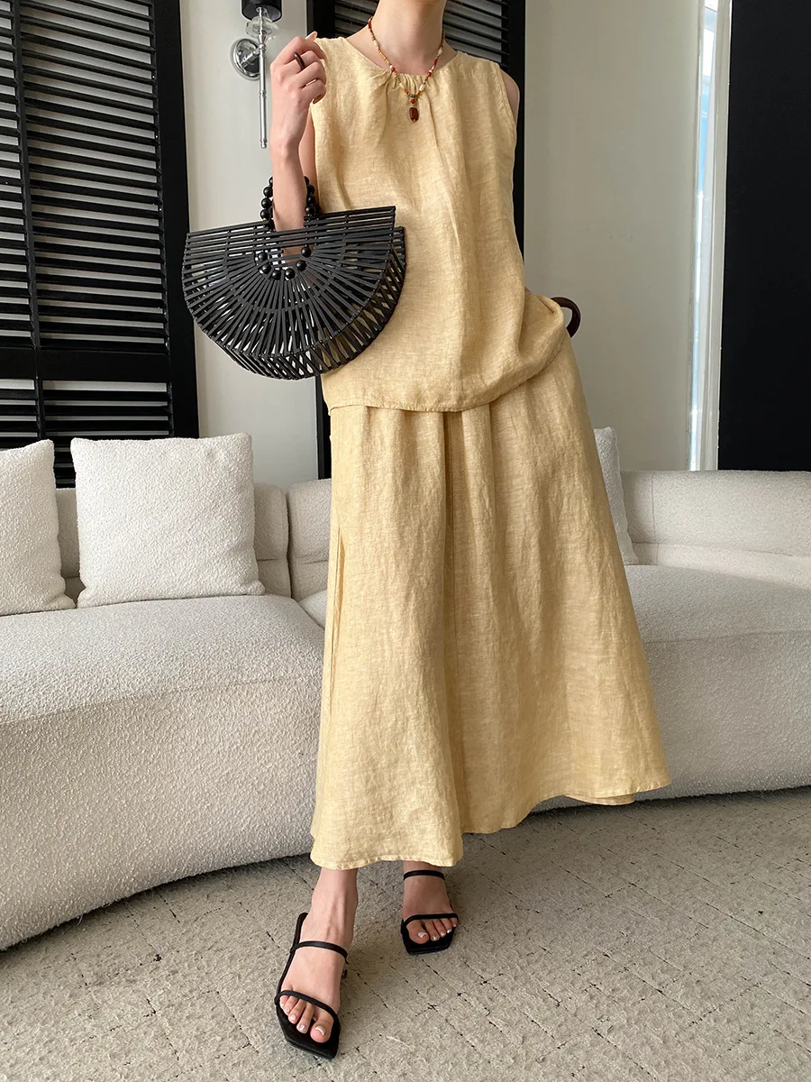 

Summer women's casual solid color round neck sleeveless vest half skirt two-piece set